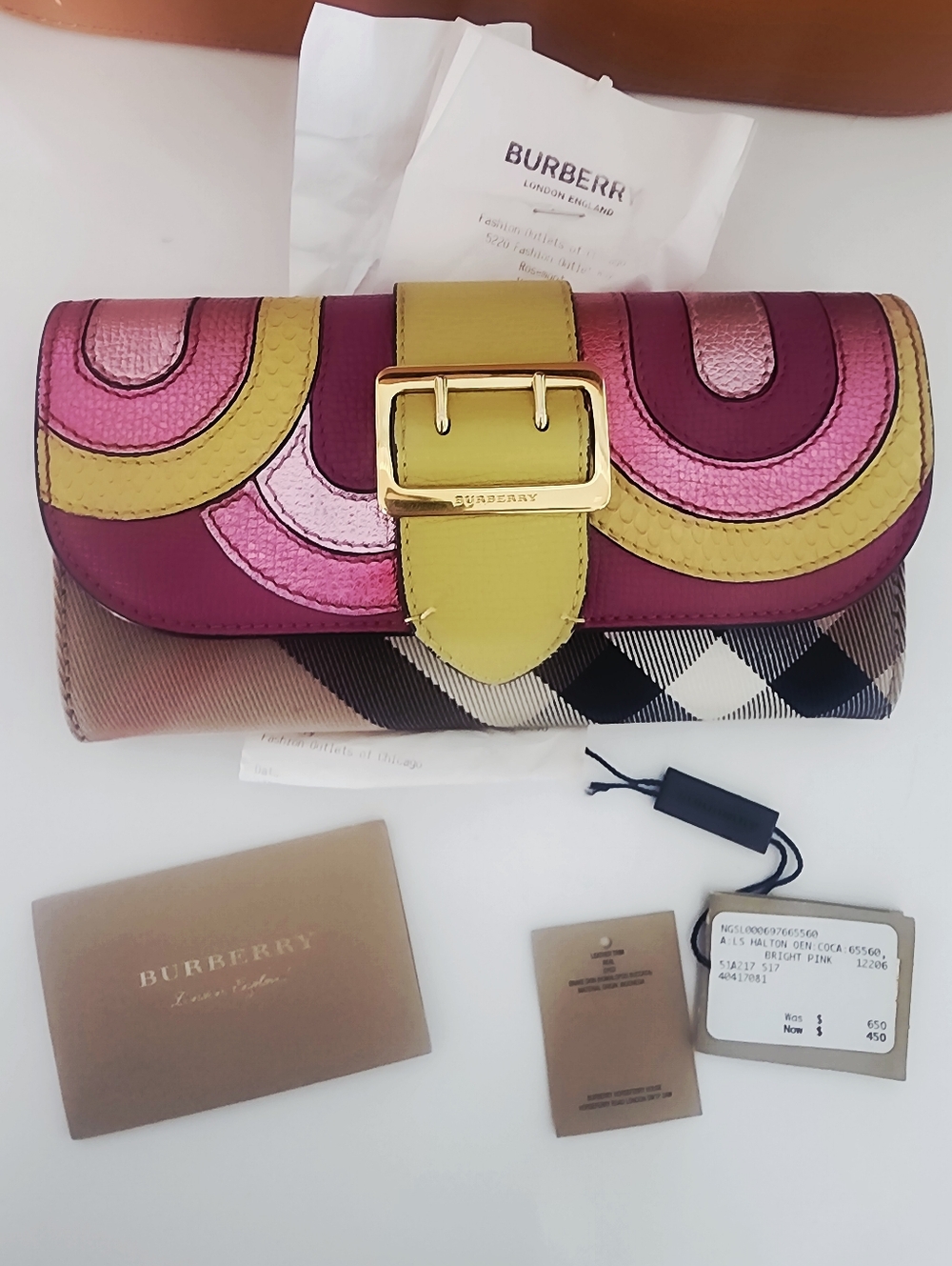 Burberry Authentic House Check Canvas, Leather and Snakeskin Buckle Wallet